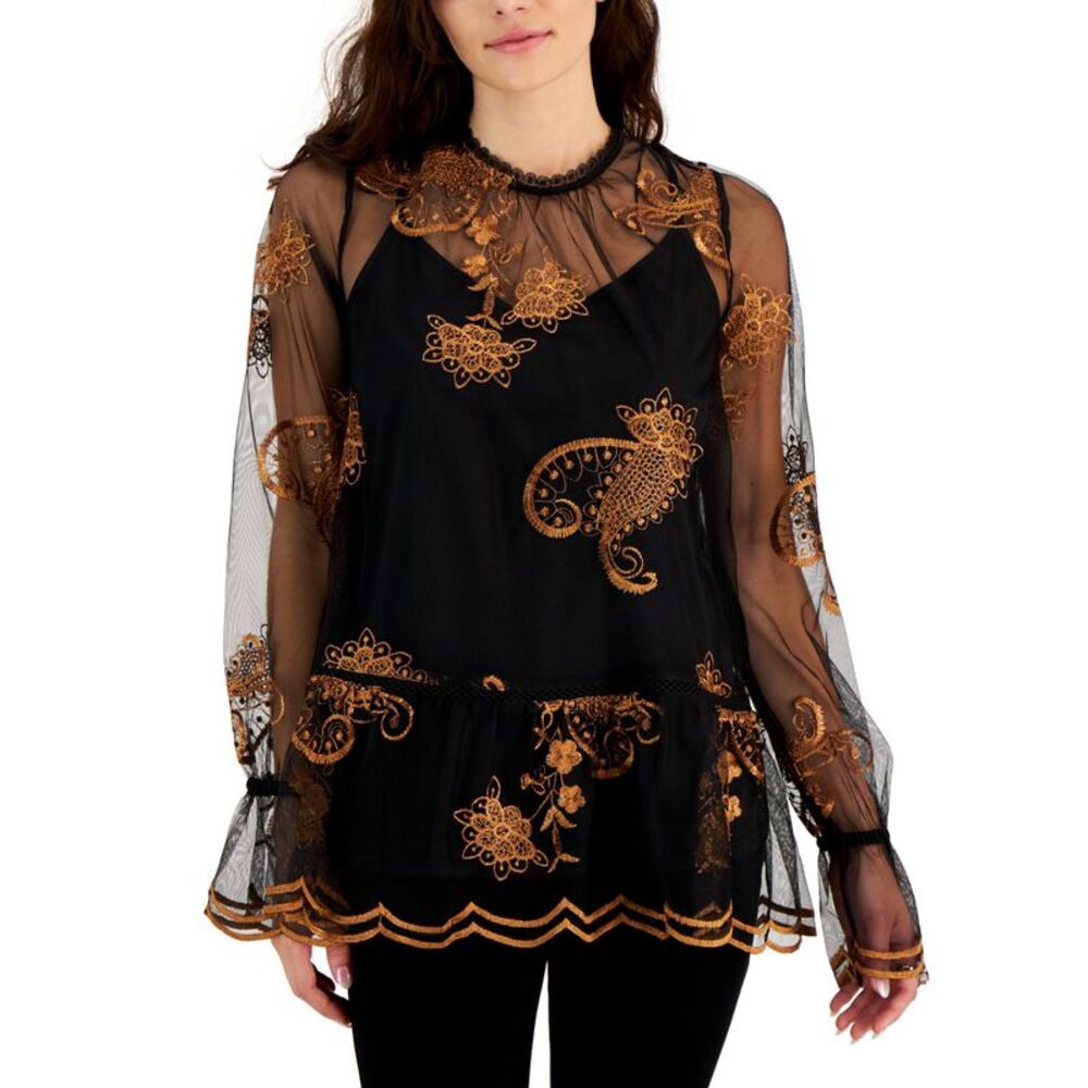 Fever Womens Printed Embroidered Mesh Long Sleeve Top